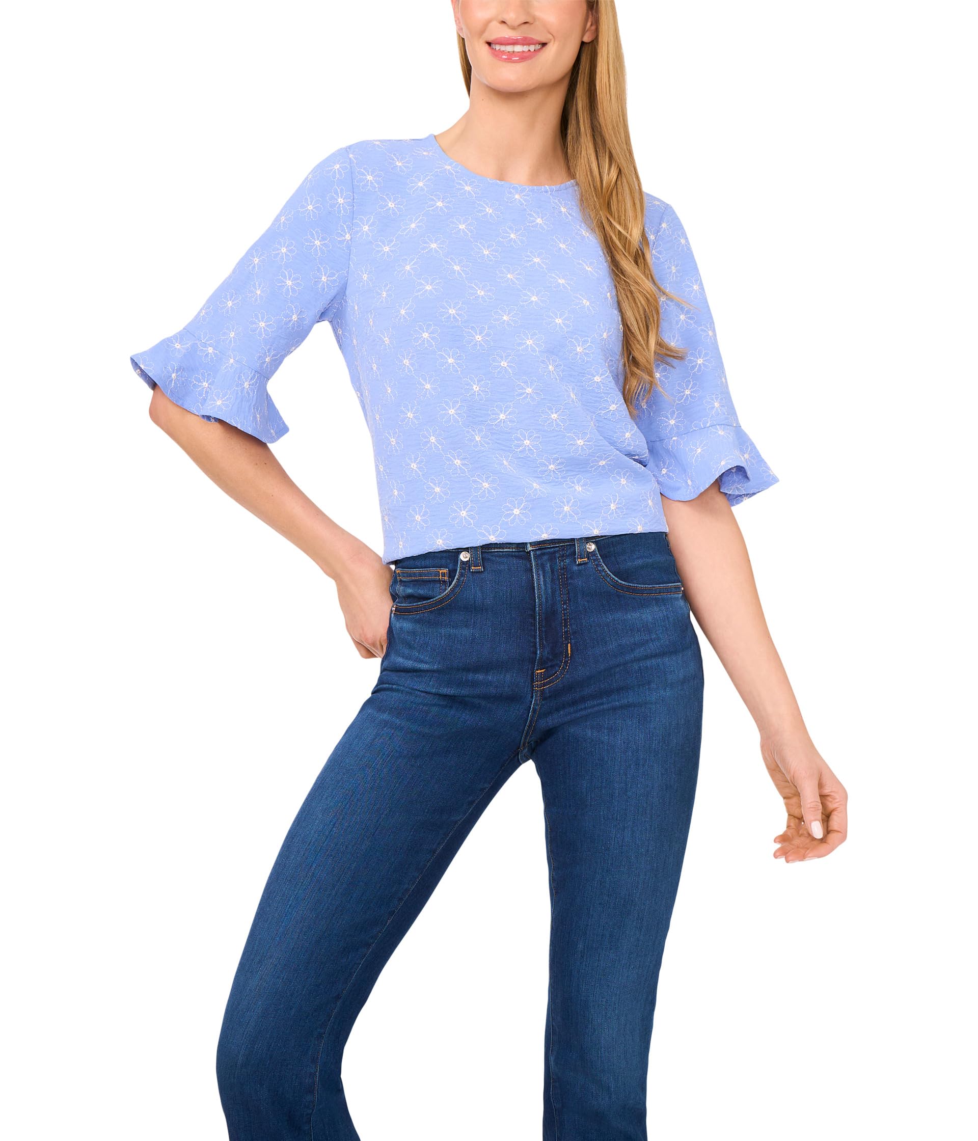 

Топ CeCe Ruffle Cuff Embroidered Crew Neck Top, Blue Spritz