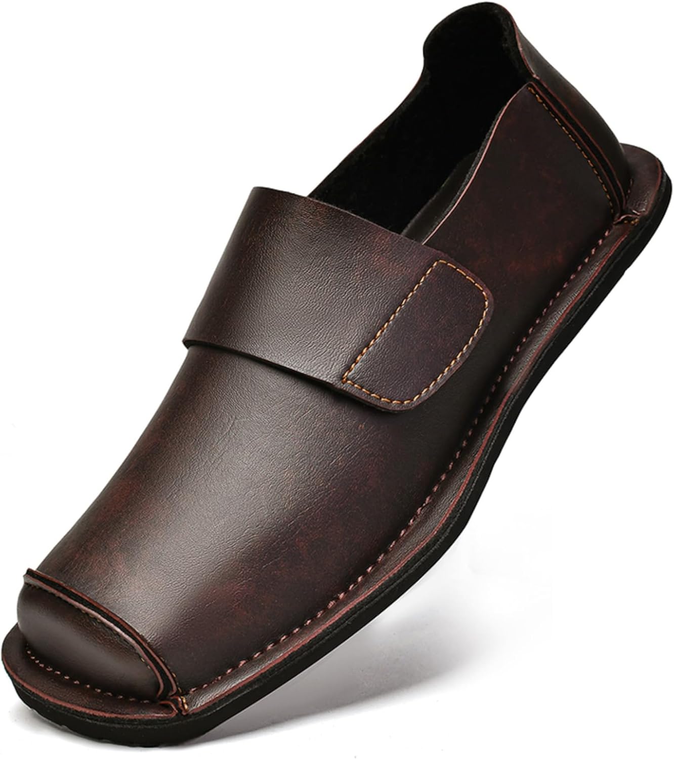 

Мужские туфли-лоферы из натуральной кожи с квадратным носком, слипоны на низком каблуке, повседневная удобная обувь с липучкой, дышащие для ежедневной носки, офиса, бизнеса и прогулок, классические лодочные туфли Tengfeifly, коричневый