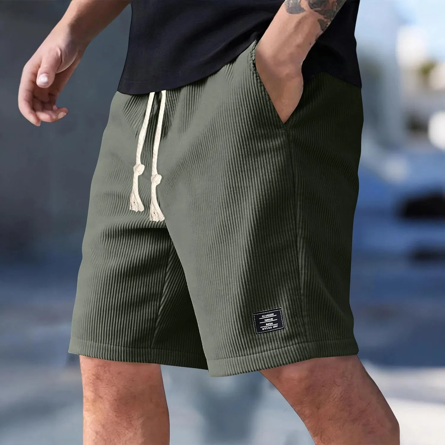 Мужские шорты из вафельной ткани с вышитым логотипом, B-army Green — фото 2