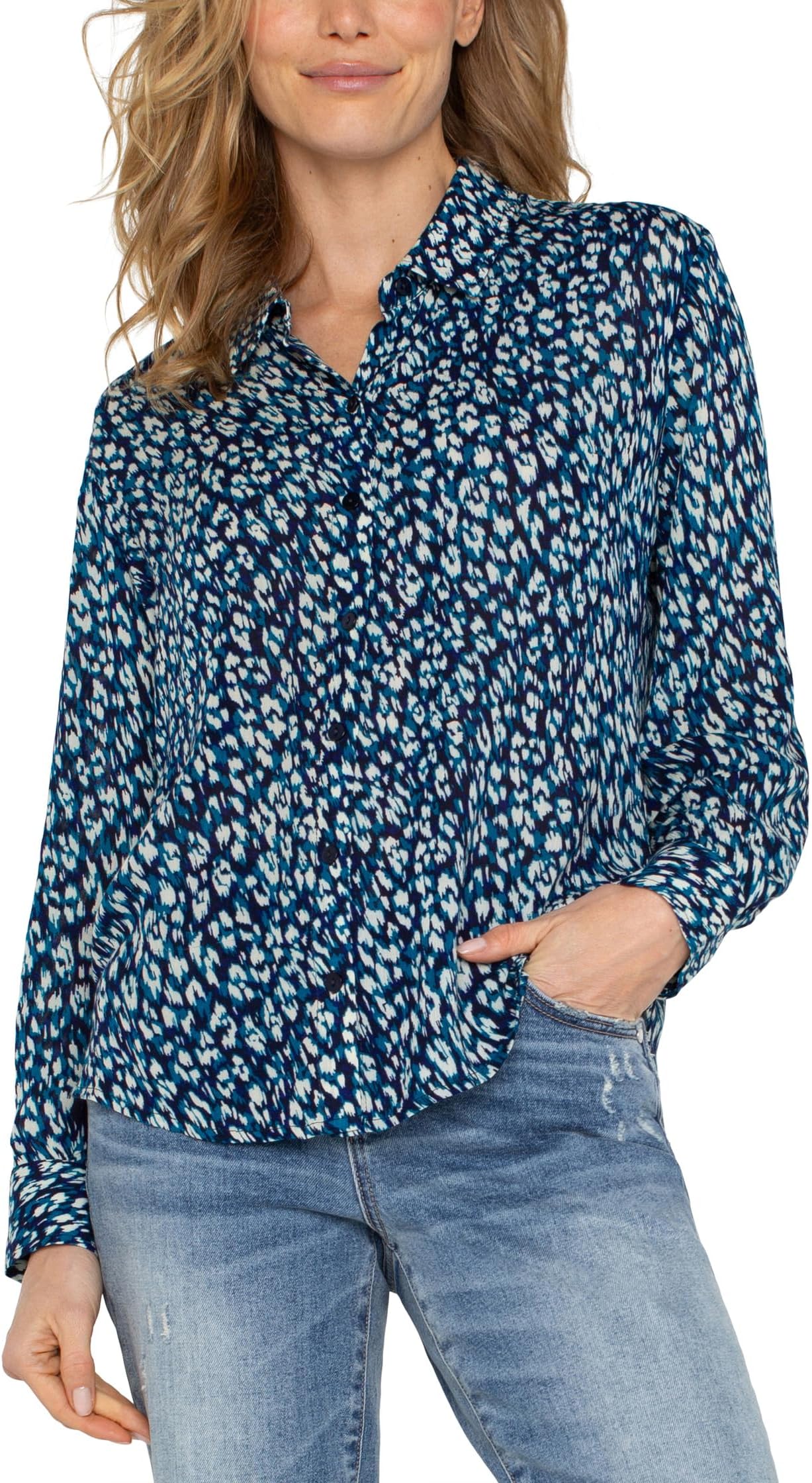 

Рубашка Liverpool Los Angeles Long Sleeve Button Front Woven Shirt, цвет Blue Topaz Animal