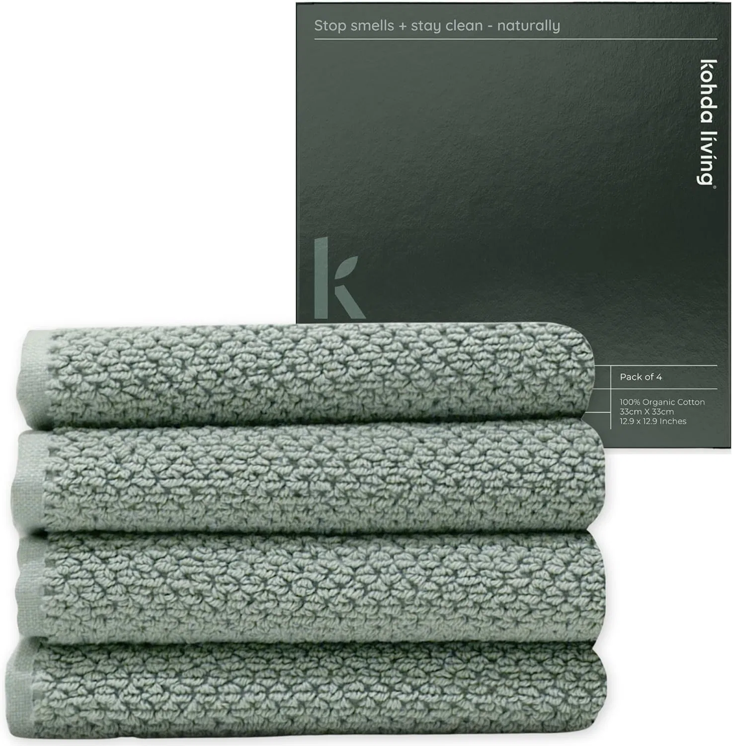 Мочалка для лица Kohda Living из органического хлопка, 4 шт, 32.8x32.8 см, шалфей