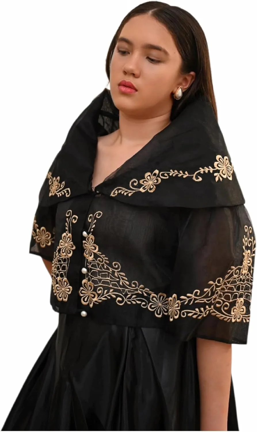 Традиционный топ Maria Clara Filipiniana Alampay с цветочной вышивкой, рукав 3/4 Generic, черный — фото 2