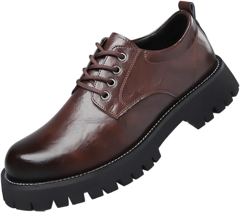 Men's Platform Oxford Shoes - Genuine Leather Slip-On Modern Formal Business Lace-Up with Heightening Effect Zentavi, коричневый