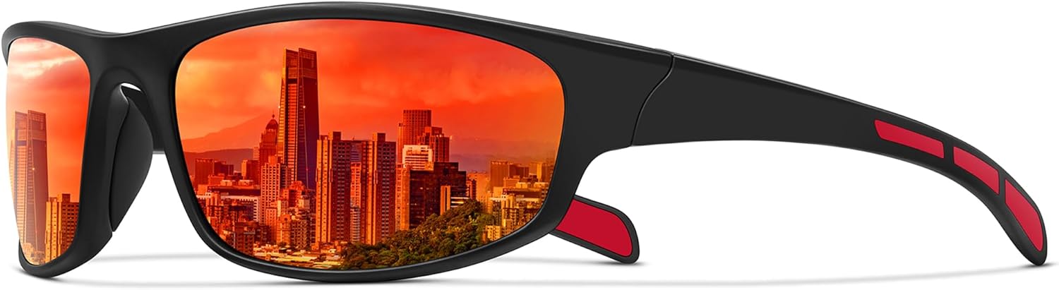

Спортивные поляризованные солнцезащитные очки для мужчин и женщин, обтекаемой формы, для рыбалки, велоспорта, вождения, бега, с защитой от УФ-излучения Ofwin, Matte Black Frame/Red Mirror Lens