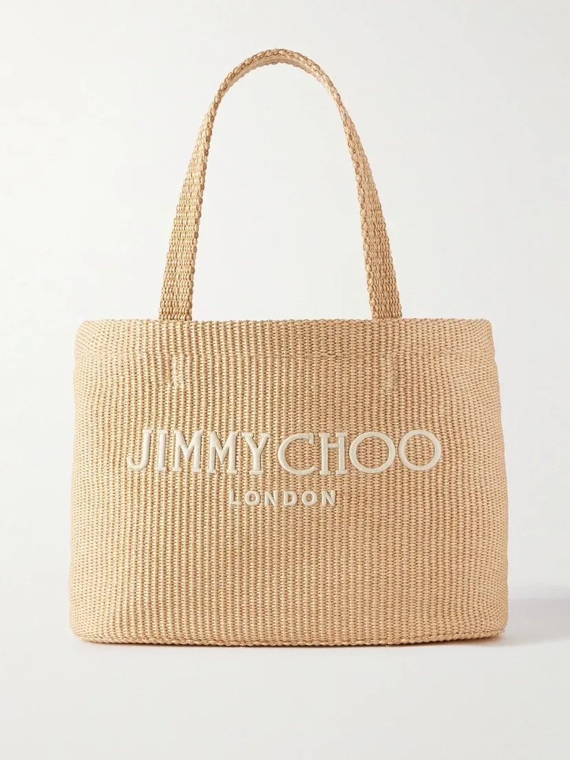 Сумка-тоут из плетеной рафии с вышитым логотипом Avenue JIMMY CHOO, бежевый