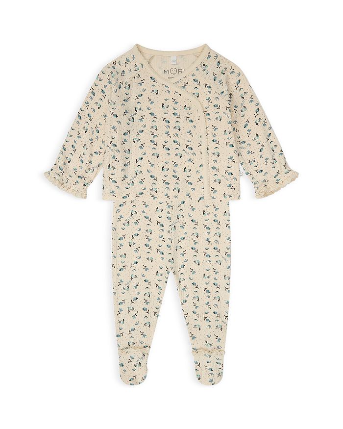 

Детский комплект для девочек: кимоно-кардиган с ребристой вязкой и цветочным принтом + лосины с носочками - Baby MORI, белый