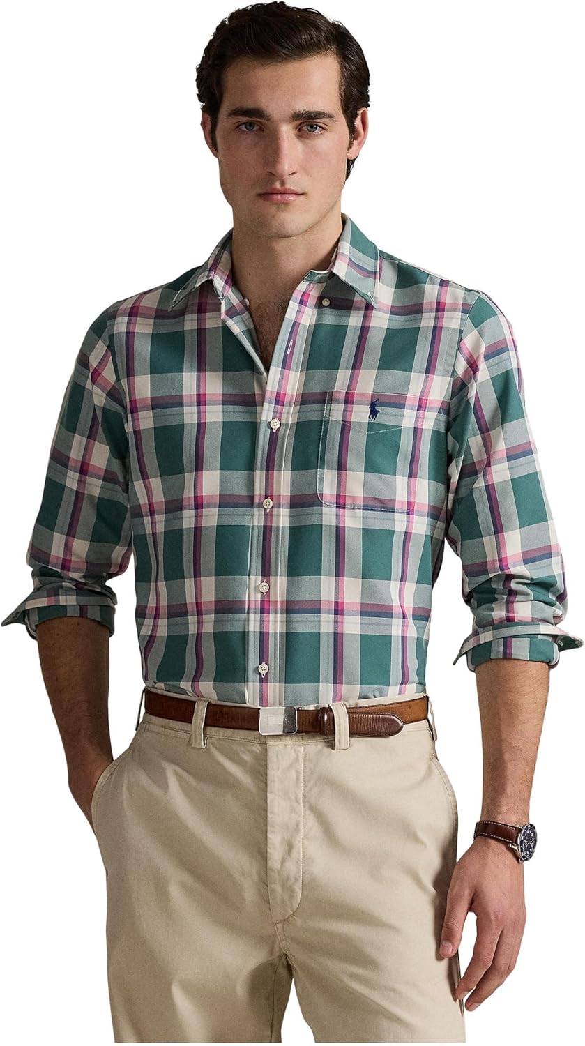 

POLO RALPH LAUREN Мужская классическая рубашка Oxford Performance, Green Pink Multicolor