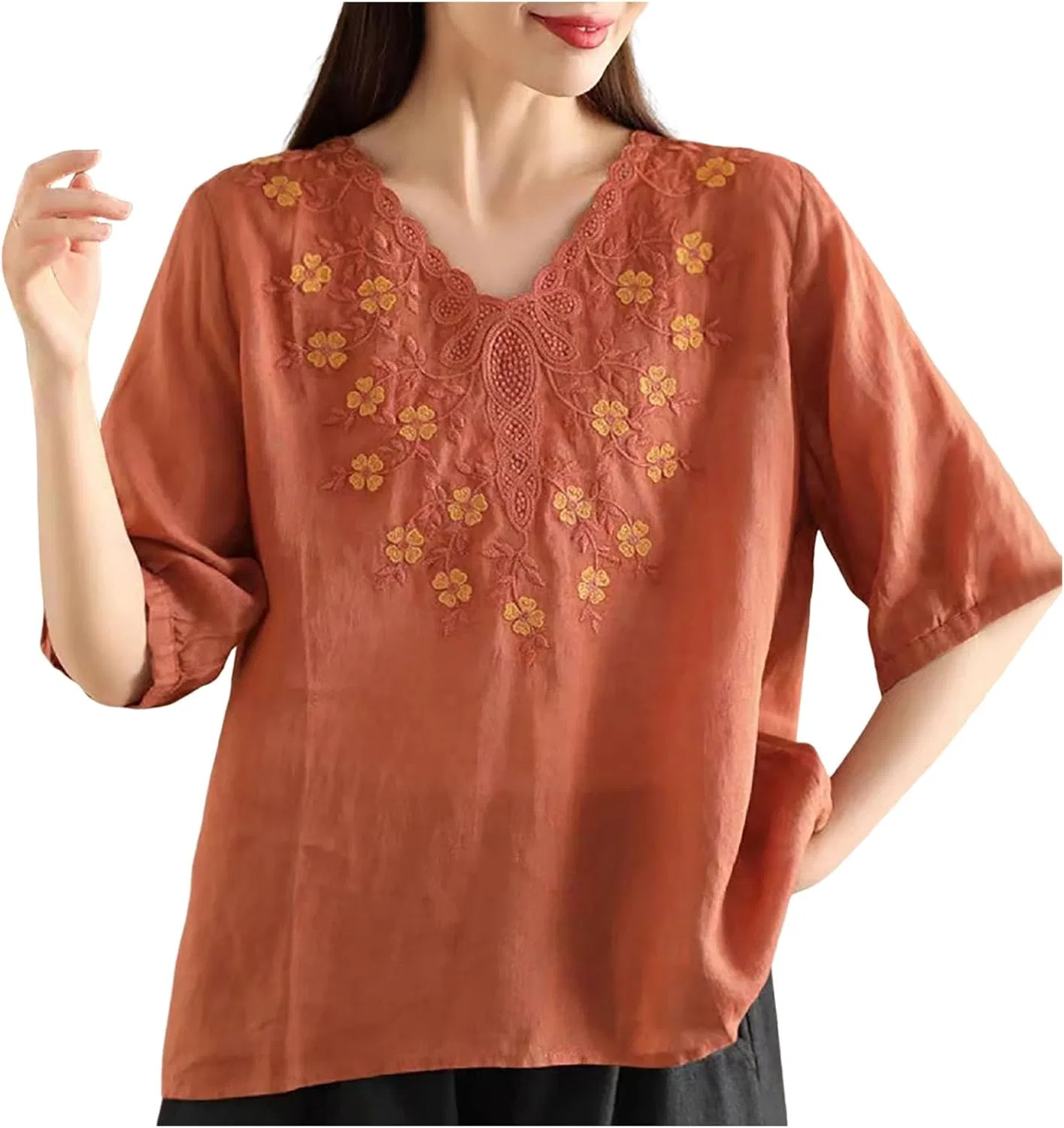 Футболка с длинным рукавом, хлопок и лен, Relaxed Fit, красный — фото 2