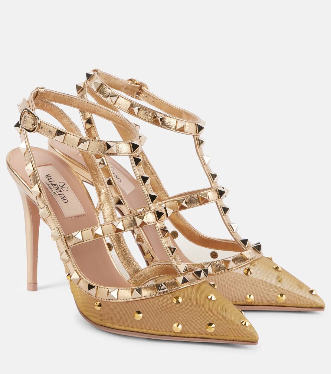 Туфли Rockstud 105 из сетки и кожи Valentino Garavani, цвет light pecan/star gold/crystal
