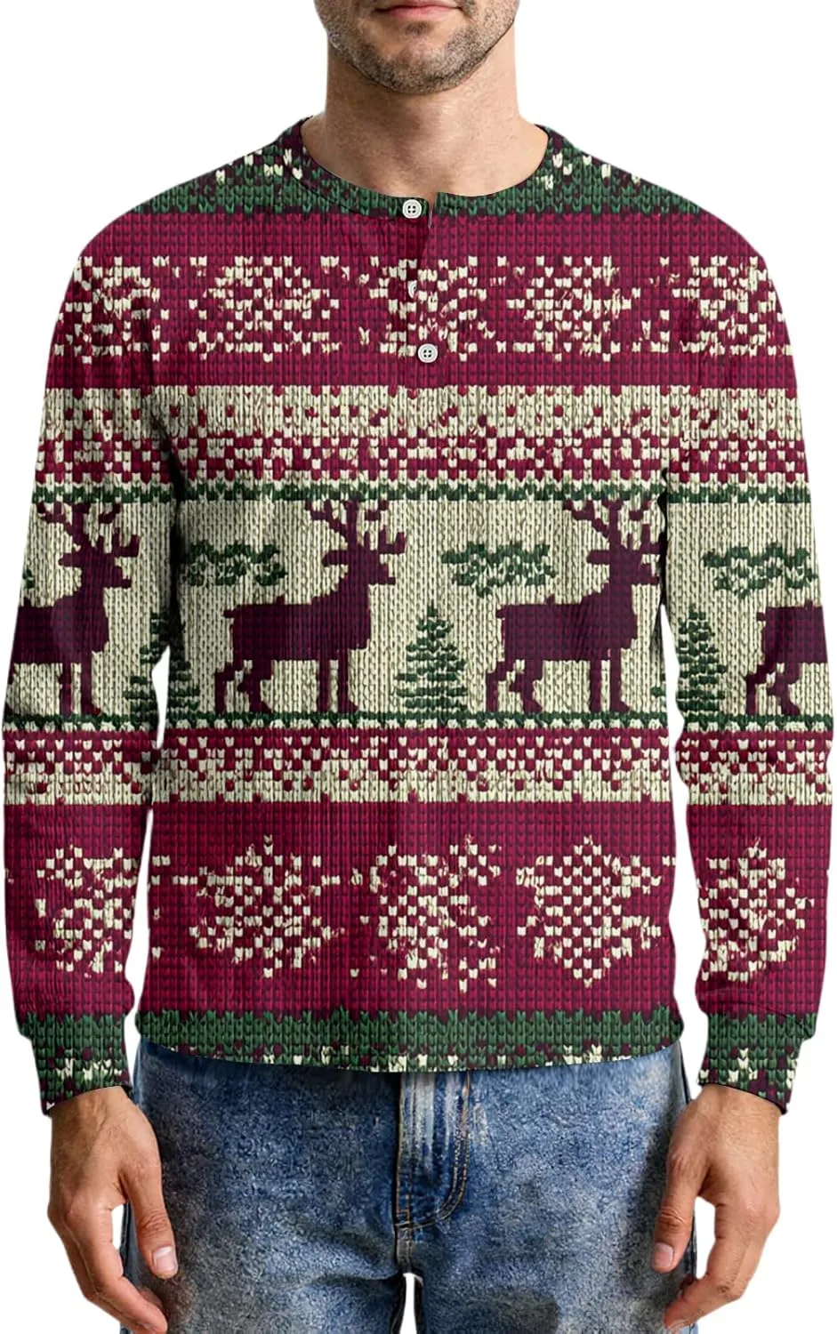 

Футболка с рождественским принтом Henley Button Front Placket Pullover FQZWONG