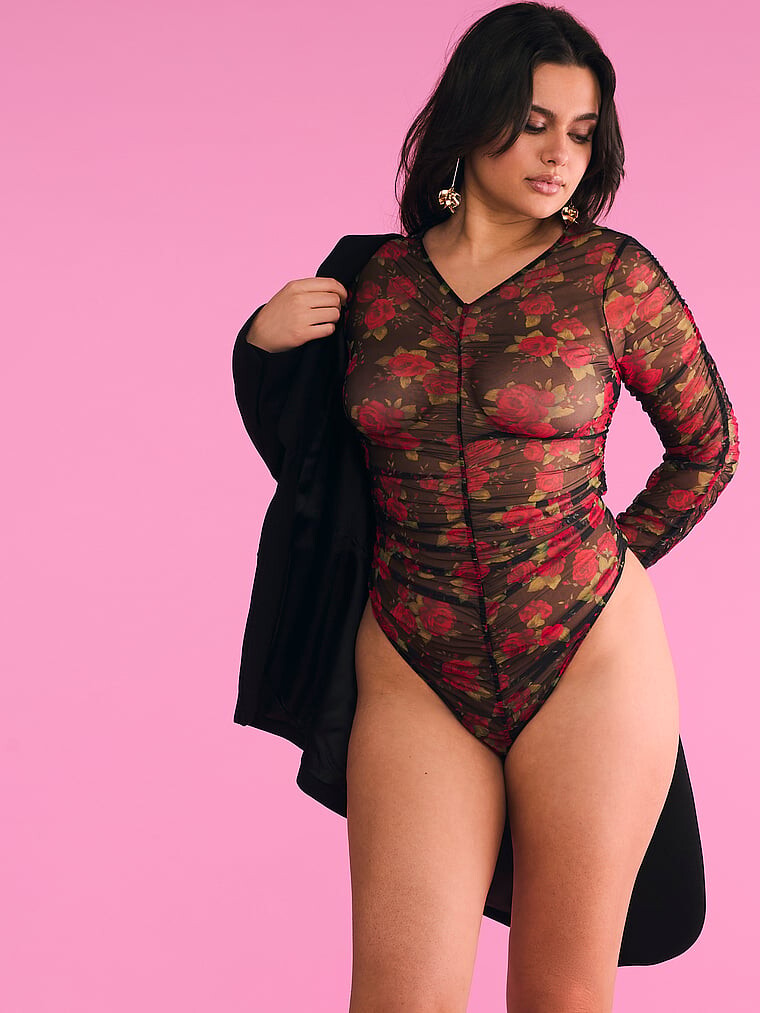 

Боди из сетчатой ткани Rose с длинными рукавами и сборками Very Sexy, розовый