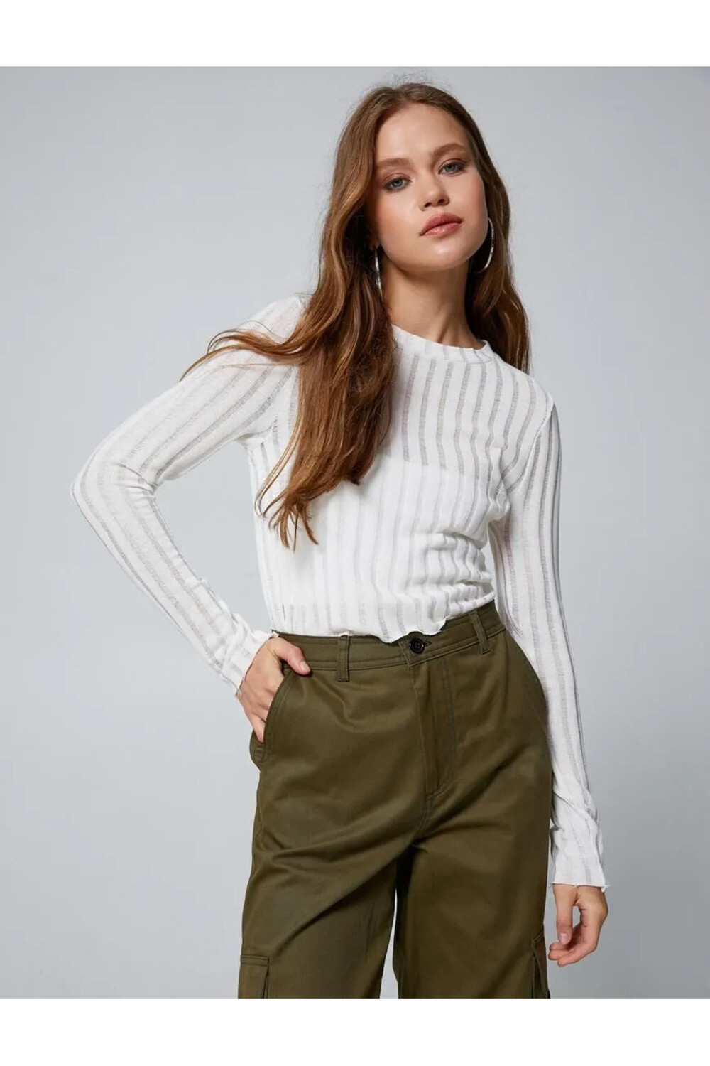 

Футболка с длинным рукавом Slim Fit с круглым вырезом Ажурная Koton, экрю