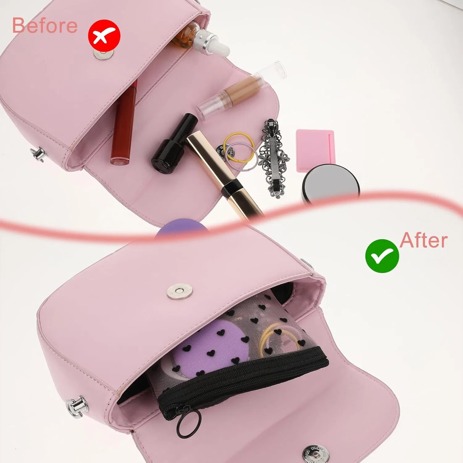 Набор из 3 мини-косметичек с сеткой и молнией Aiyorse, Pink — фото 4
