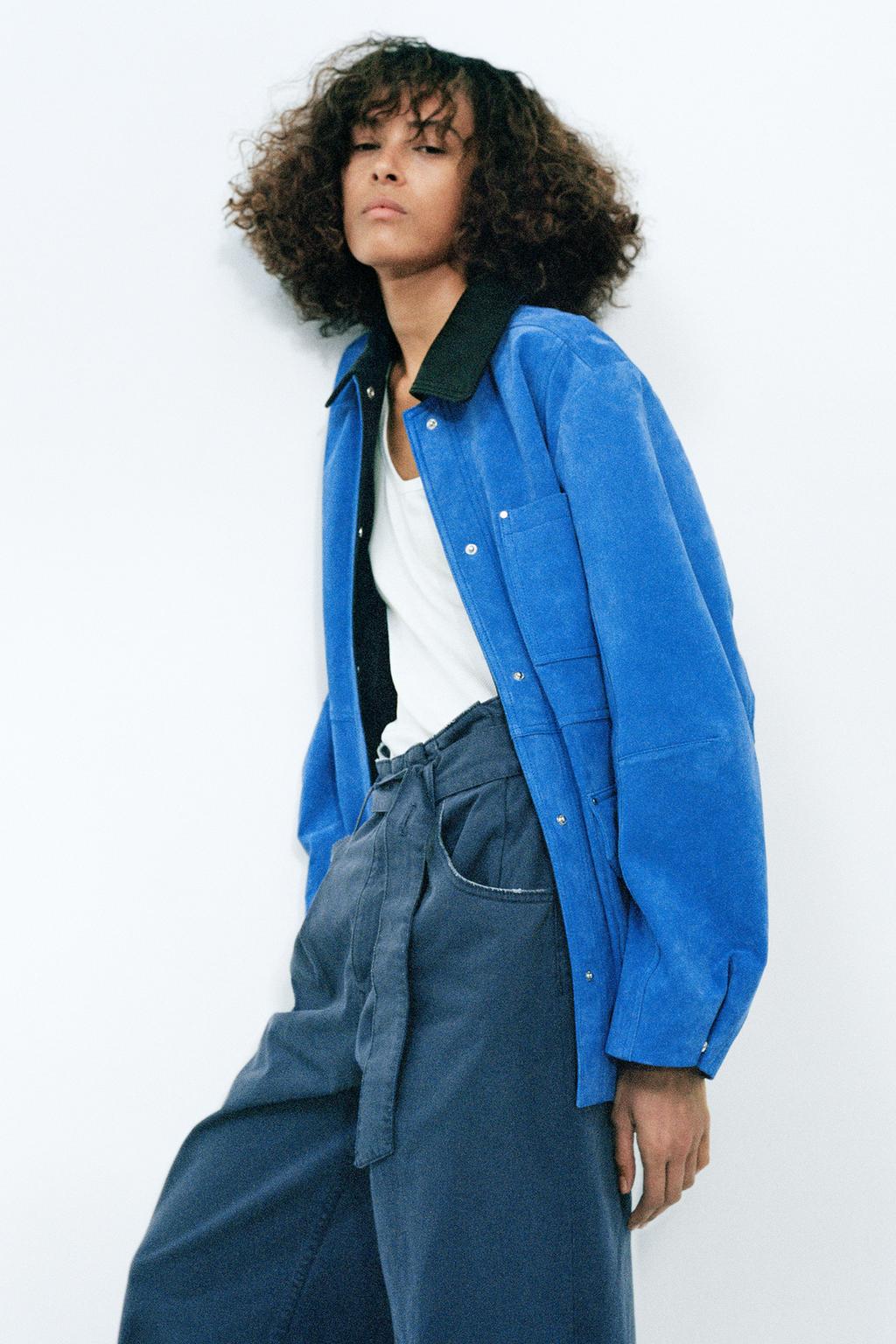 

Контрастная куртка из замши большого размера ZARA, цвет Intense blue