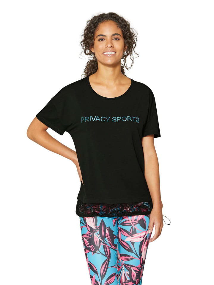 

MADELEINE Свободная черная футболка из смешанных материалов, Черный, MADELEINE Свободная черная футболка из смешанных материалов