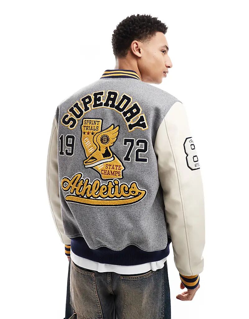 

Куртка-бомбер Superdry College с заплатками серого меланжевого цвета, Серый, Куртка-бомбер Superdry College с заплатками серого меланжевого цвета