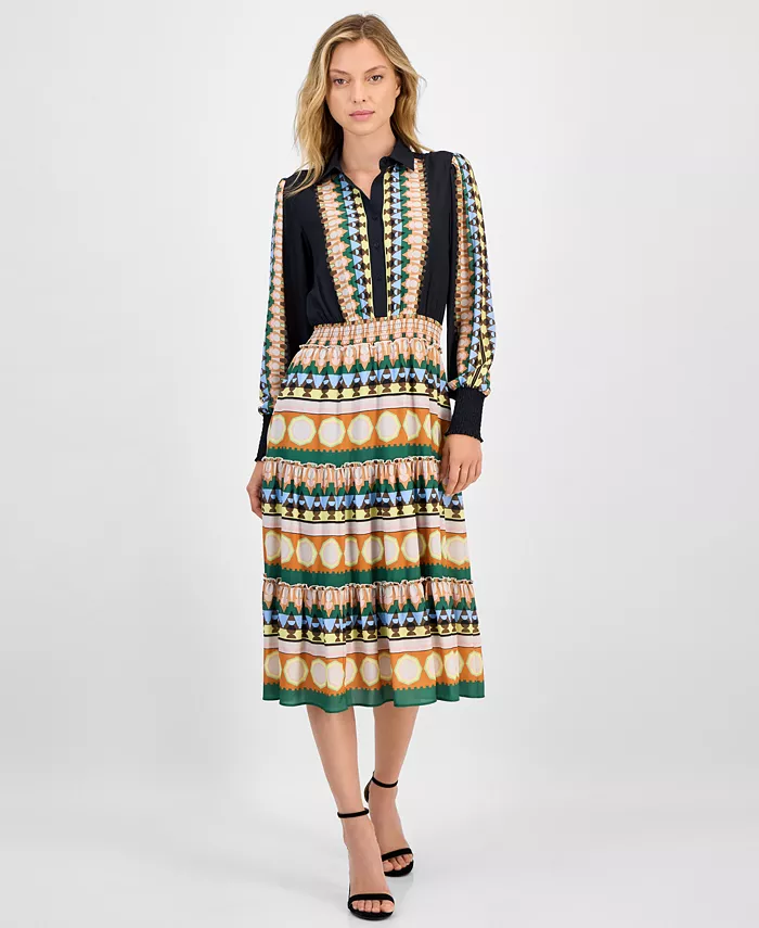 

Женское платье миди с принтом, полузастежкой и присборенной талией T Tahari, мультиколор