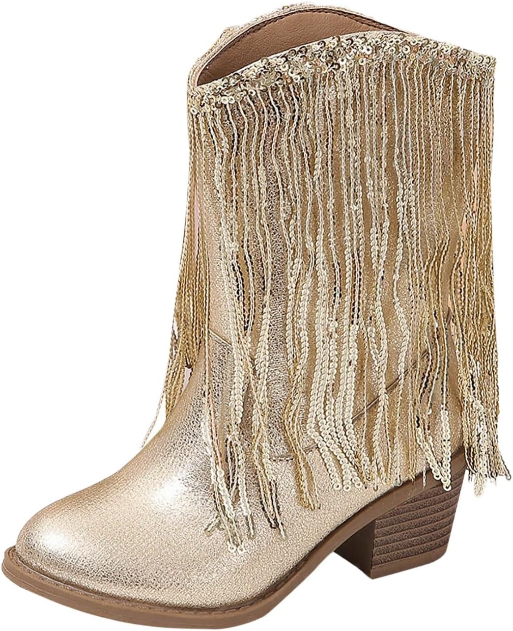 

Девочковые вестерн-ботинки с бахромой, широкие сапоги по голени, ковбойские сапоги с низким толстым каблуком, ботильоны на подтяжках до середины голени JEUROT, Gold