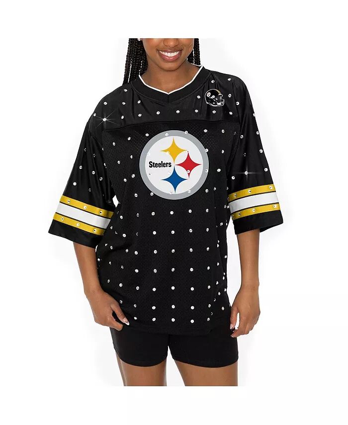 

Женская черная футболка Pittsburgh Steelers Kickoff Time Allover Rhinestone Sports Stripe Jersey с V-образным вырезом Gameday Couture