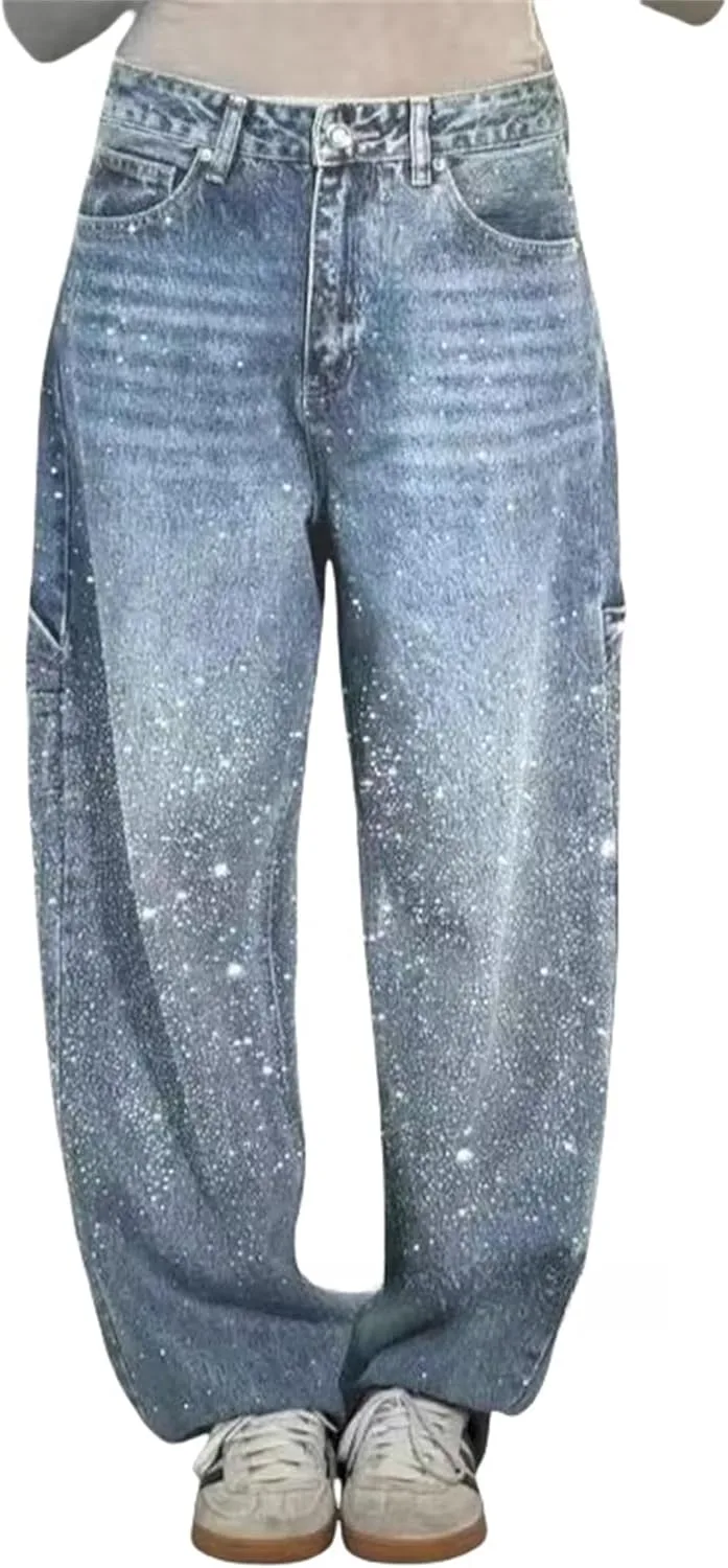 

Женские джинсы Casual с пайетками, завышенная талия, широкие