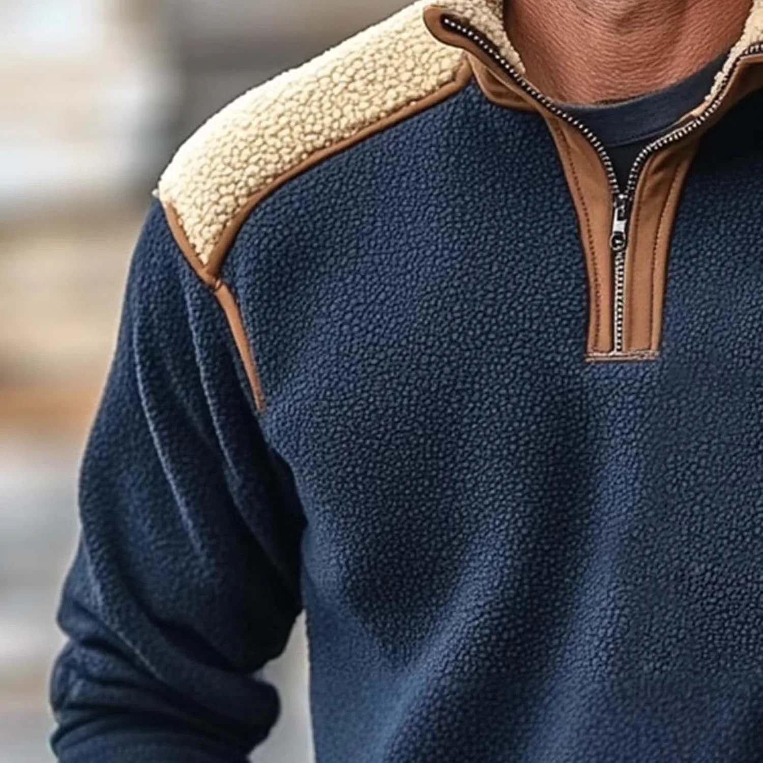Мужская флисовая толстовка с молнией на четверть, navy blue и brown, воротник с подкладкой sherpa — фото 4