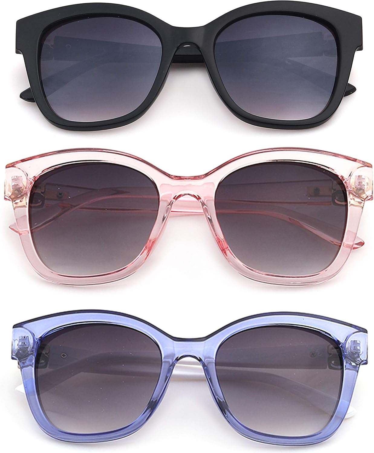 

Набор из 3 винтажных солнцезащитных очков для женщин в пластиковой оправе в виде бабочек, с металлическим украшением в виде четырехлепесткового цветка и пластиковыми дужками Newbee Fashion, 3 Pack Black, Blue & Pink