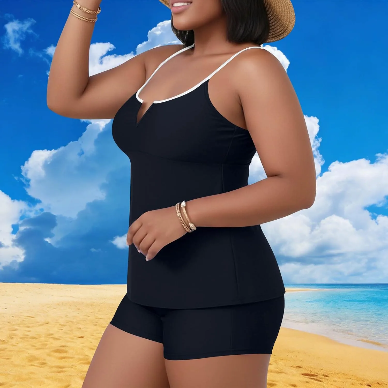 Plus Size Tankini Swimsuit для женщин, двухкомпонентный купальник с встроенным бюстгальтером, топ-майка и шорты-бойфренды, скрывающий живот Generic, темно-синий — фото 2
