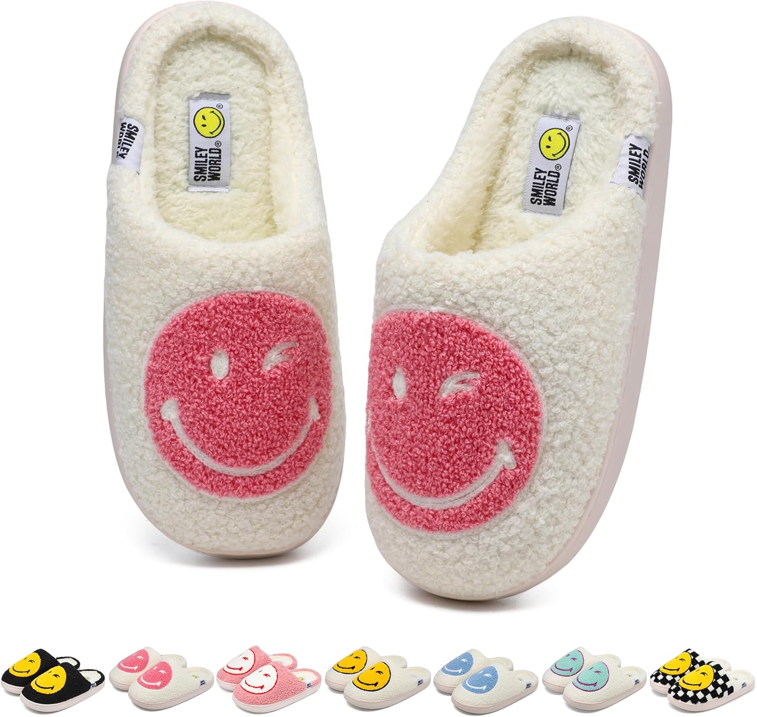 

SMILEYWORLD Женские и мужские тапочки с улыбающимся лицом, Удобные теплые плюшевые домашние тапочки, Ретро забавные счастливые улыбки, мягкие тапочки из пены с эффектом памяти, для дома и улицы, белый/розовый
