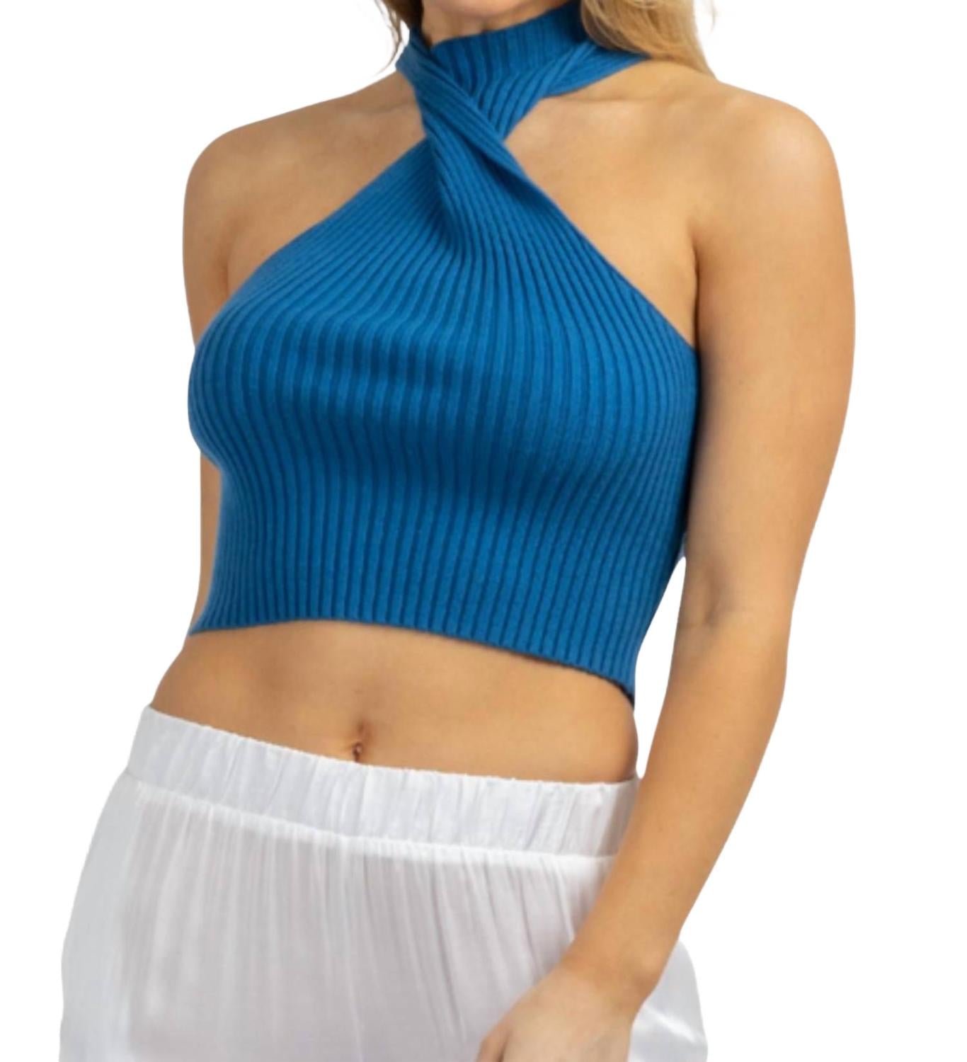 

Трикотажный топ с асимметричным воротником Twist в синем цвете Blue Blush