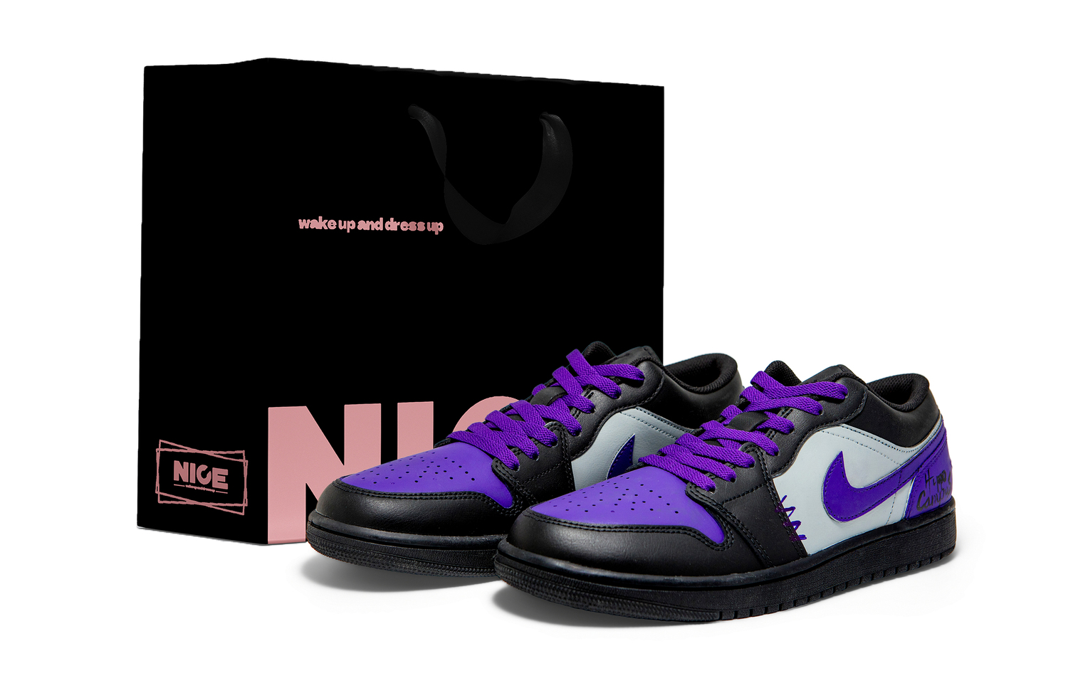 

Jordan Кроссовки для баскетбола в винтажном стиле с амортизацией Air 1, износостойкие, низкие, черный с фиолетовыми вставками