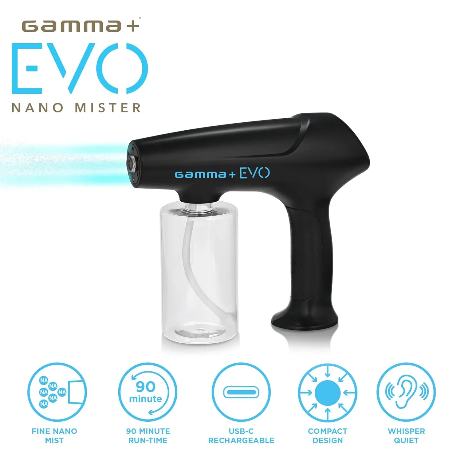 Беспроводной портативный распылитель воды GAMMA+ Evo Nano Mister, дезинфицирующий туман, перезаряжаемый через USB-C, для парикмахерских, салонов красоты и домашнего использования., Black — фото 2