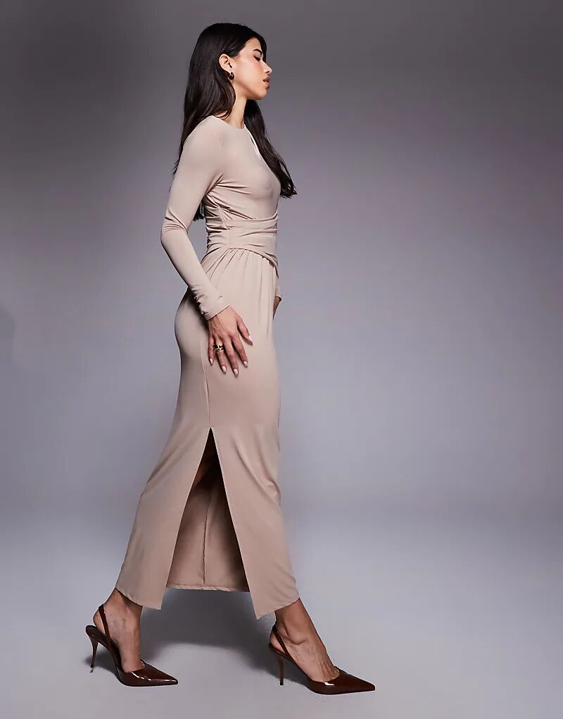 

Платье макси ASOS DESIGN из мягкого материала с длинными рукавами и драпировкой цвета капучино