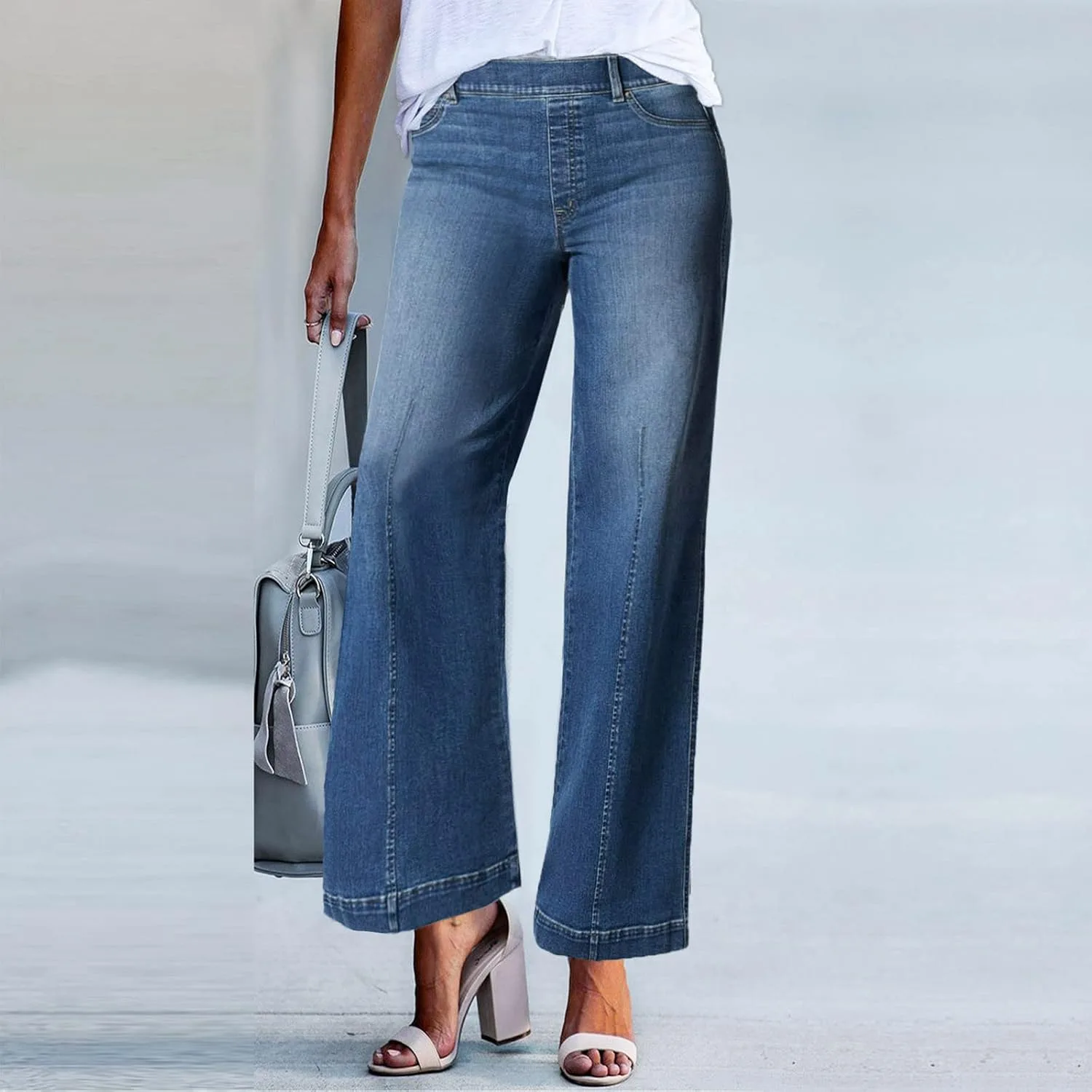 Джинсы с эластичной талией для женщин Casual Baggy Pull On Wide Leg — фото 2
