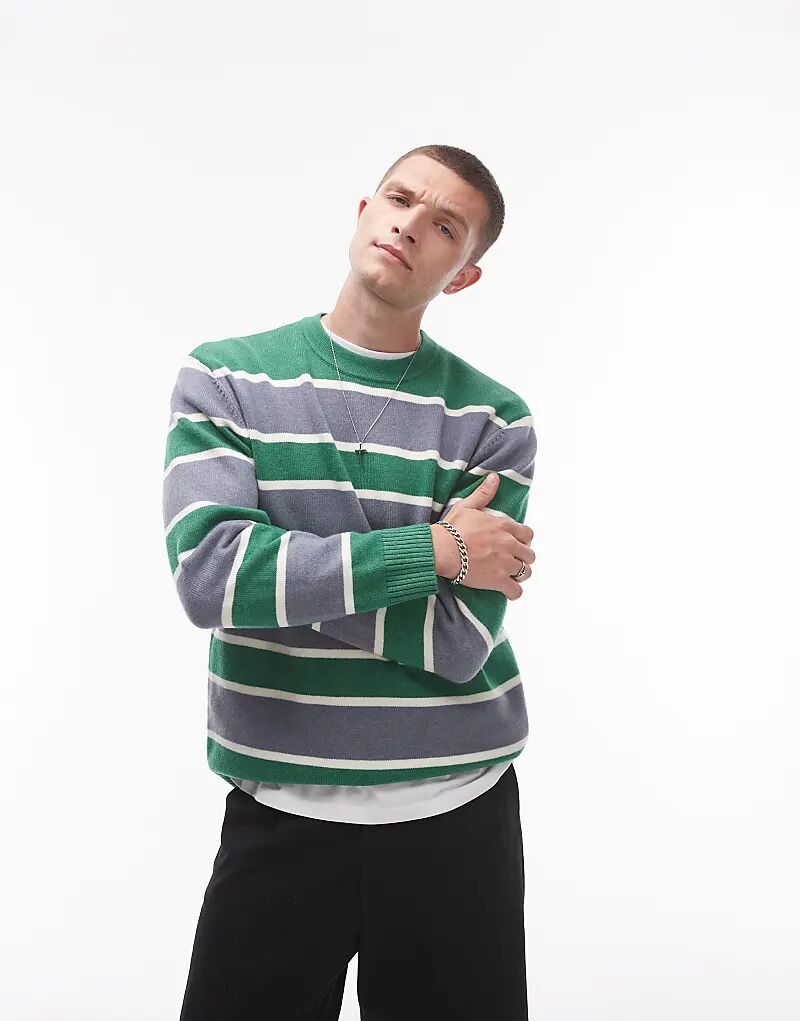 

Пушистый свитер в зеленую и серую полоску Topman
