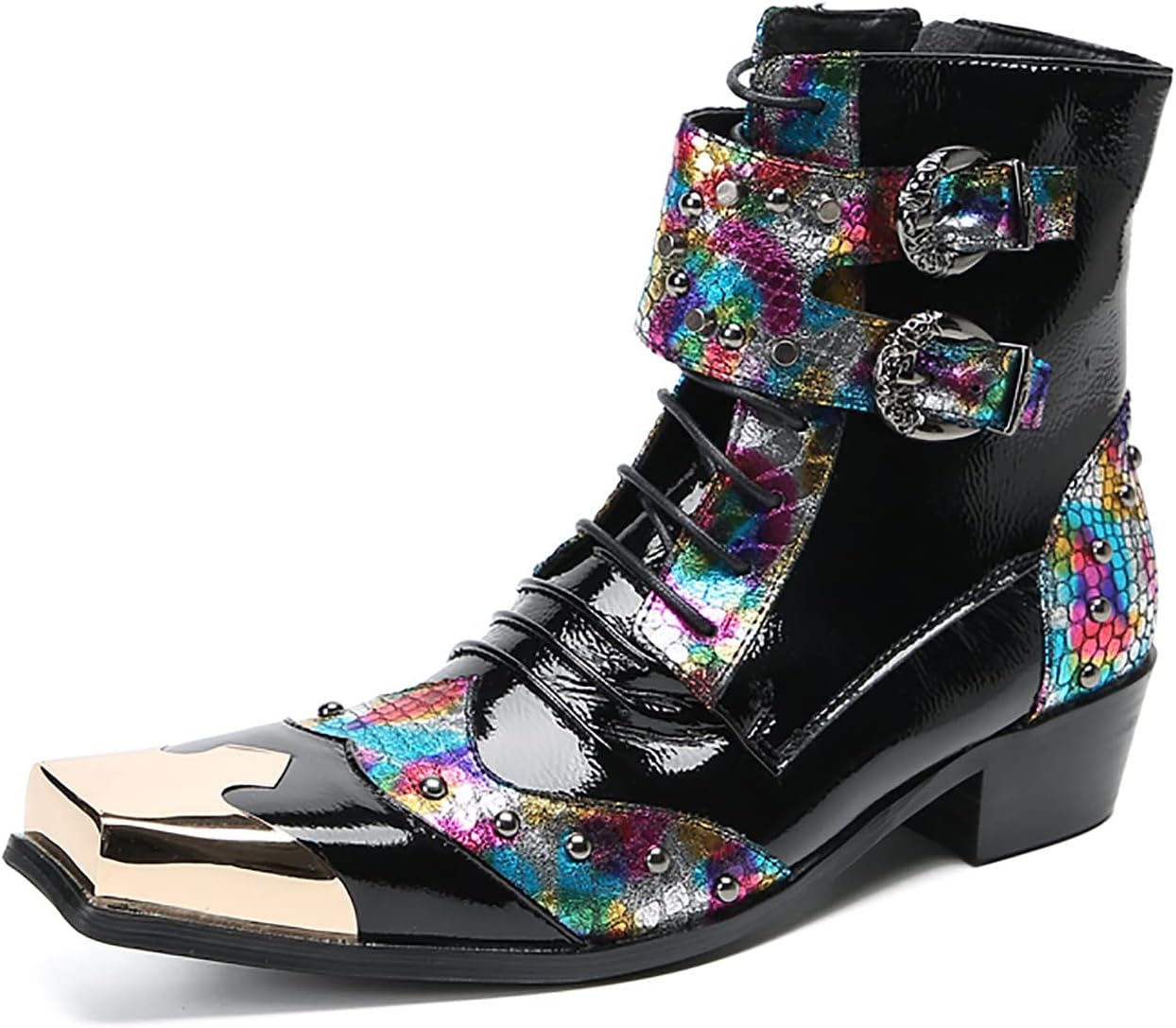 

Мужские кожаные ковбойские ботинки Santimon - повседневные средние мотоциклетные ботинки с металлическим квадратным носком и пряжкой с бисером для выпускного, танцевальных баров и ночных поездок, черный