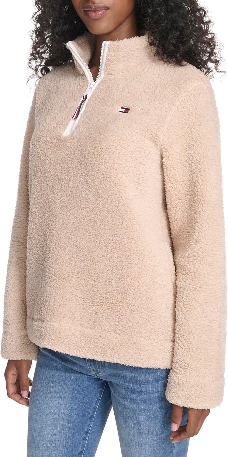 Женский пуловер Tommy Hilfiger с воротником-стойкой и молнией 1/4 из мягкой шерпы, Light Heather Fawn — фото 3