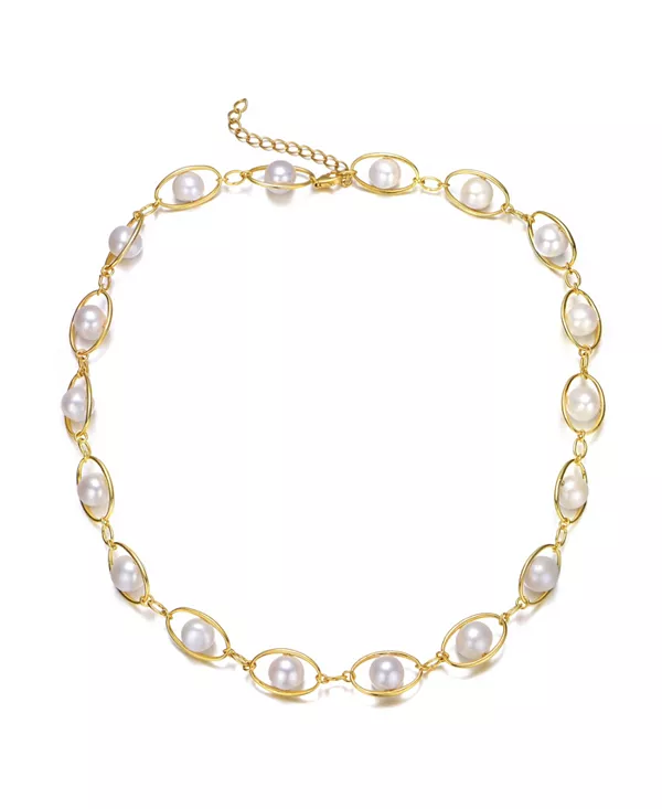 

Ожерелье из стерлингового серебра 14 карат с натуральным пресноводным жемчугом и кубическим цирконием, регулируемое по размеру Genevive, gold