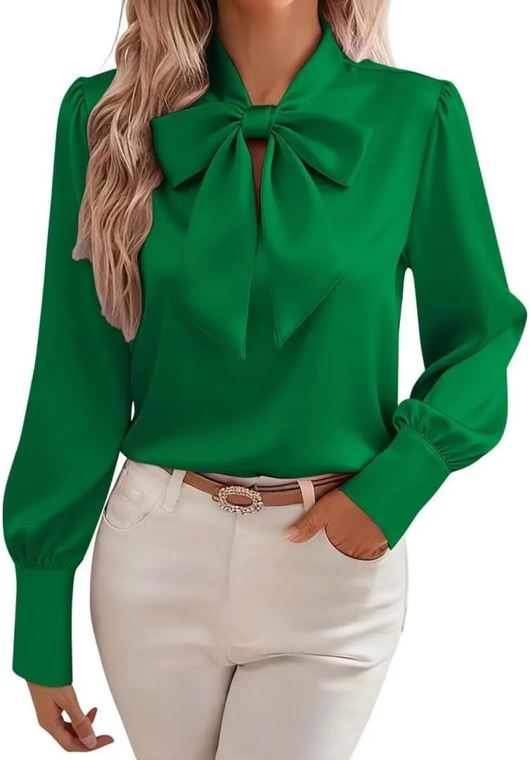 

FMCHICO Женская блузка с бантом из шелка, длинный рукав, элегантный сатин