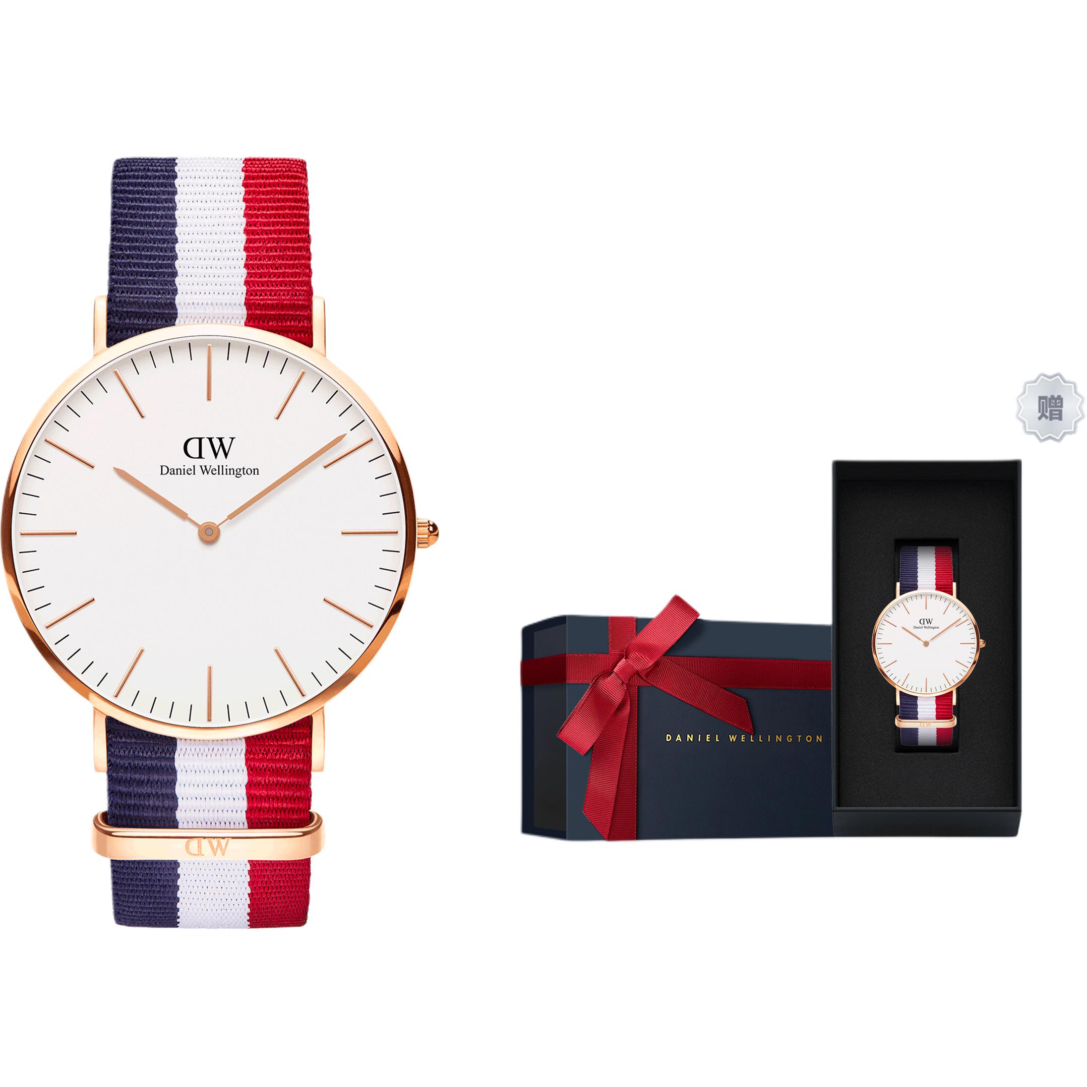 

DW/DanielWellington Часы Daniel Wellington Wrist Watch Quartz Movement Fabric Strap 40mm White Dial Unisex, Blue Red White Wide Stripes-White Dial