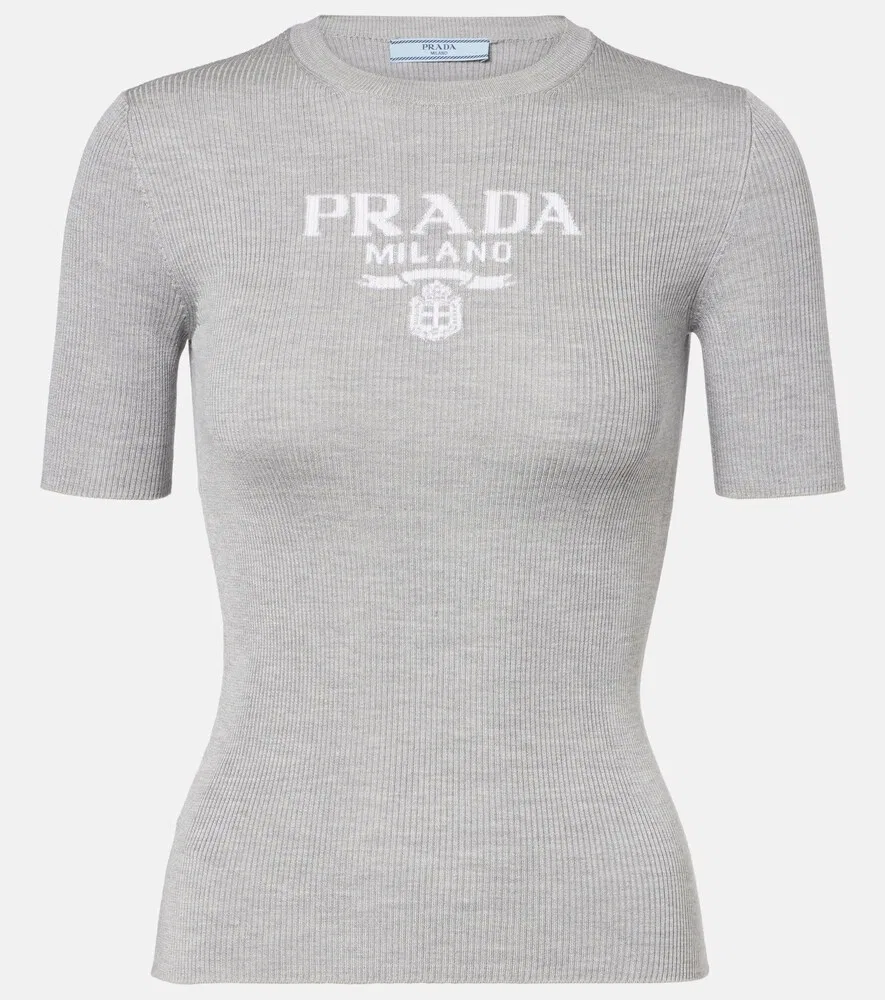 Шелковая футболка с логотипом и ребристой отделкой Prada, серый