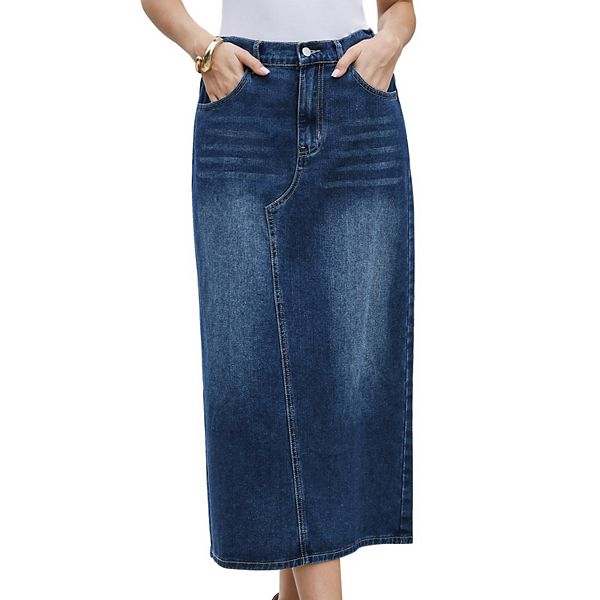 

Джинсовая юбка миди для женщин с эластичным поясом и разрезом сзади Inspire Chic, Dark Blue