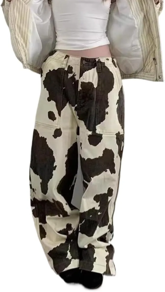 

Pooyikoi женские джинсы wide leg y2k с принтом коровы