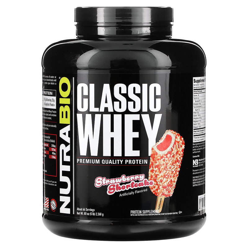 

NutraBio, Classic Whey Protein, клубничное песочное печенье, 2268 г (5 фунтов)