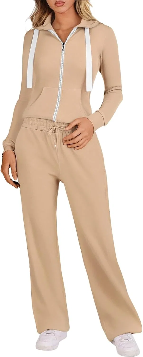 Женский спортивный костюм из толстовки и широких брюк, Khaki