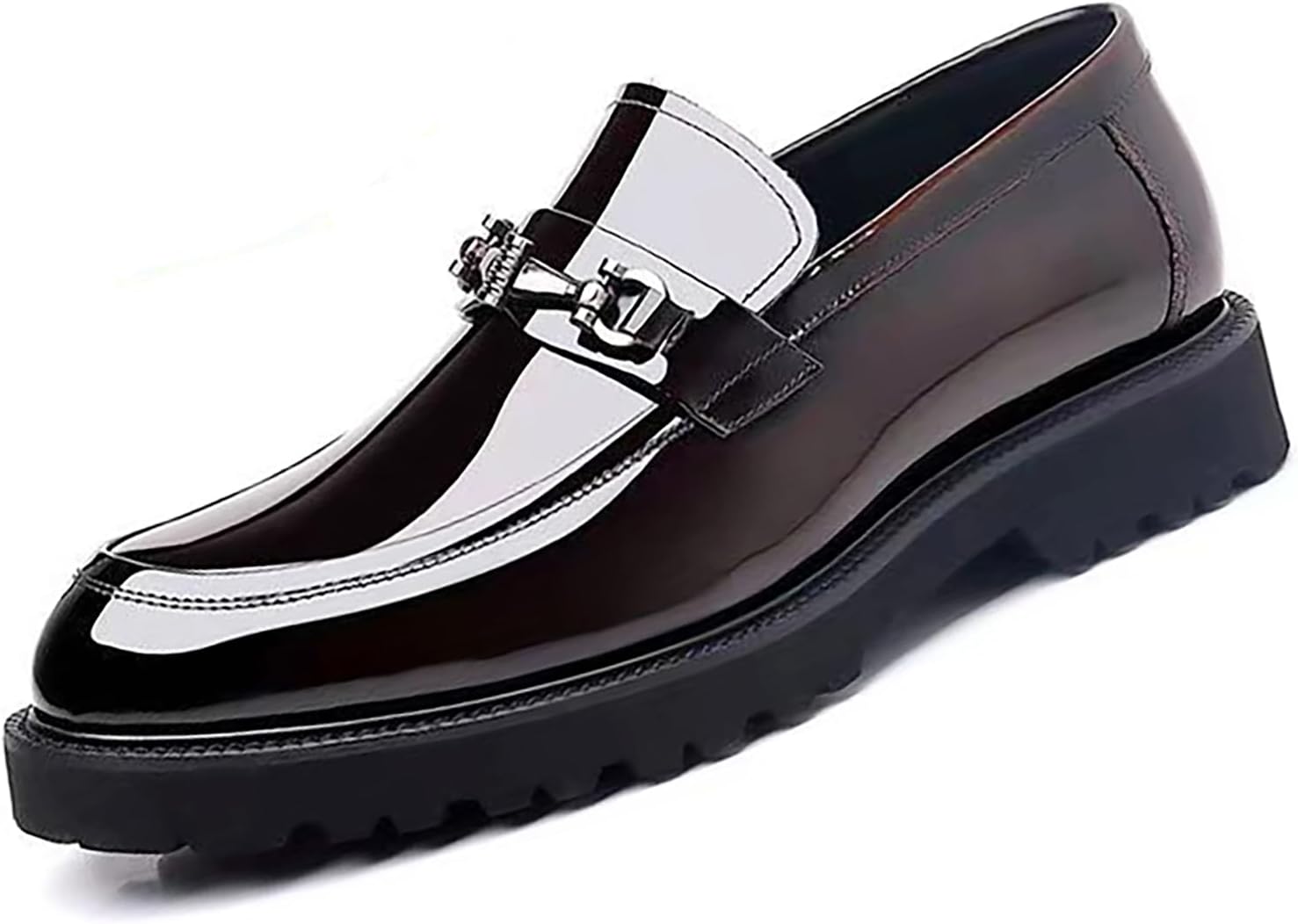 

Мужские комфортные массивные лоферы на платформе без шнурков, с модной металлической цепочкой, из блестящей лаковой кожи, деловая повседневная обувь, противоскользящая резиновая подошва с протектором, лоферы для мужчин Gomehui, темно-красный