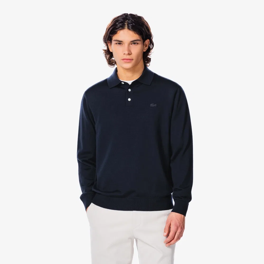 Мужской длинный свитер-поло тёмно-синий от Lacoste
