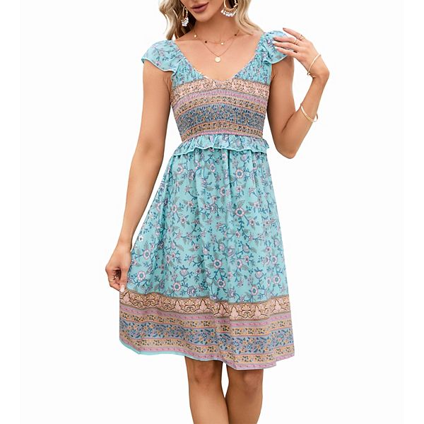 

Женское летнее платье-мини с присборенным рюшами, коротким рукавом, цветочным принтом и V-образным вырезом Clearflower, Blue