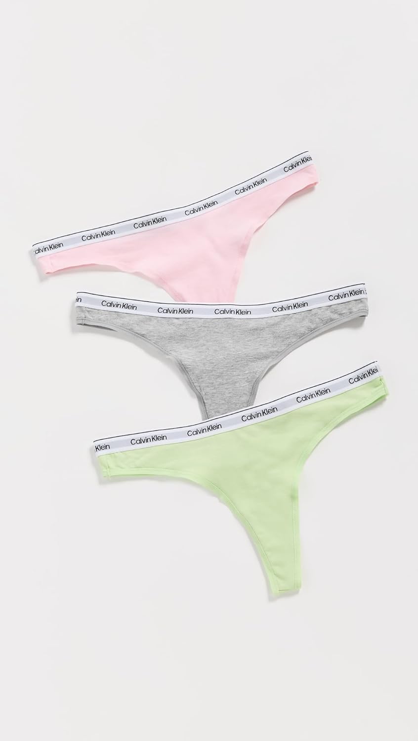 Комплект из 3 трусиков-стрингов Calvin Klein с современным логотипом для женщин, Highline Green/Buff Pink/Grey — фото 2