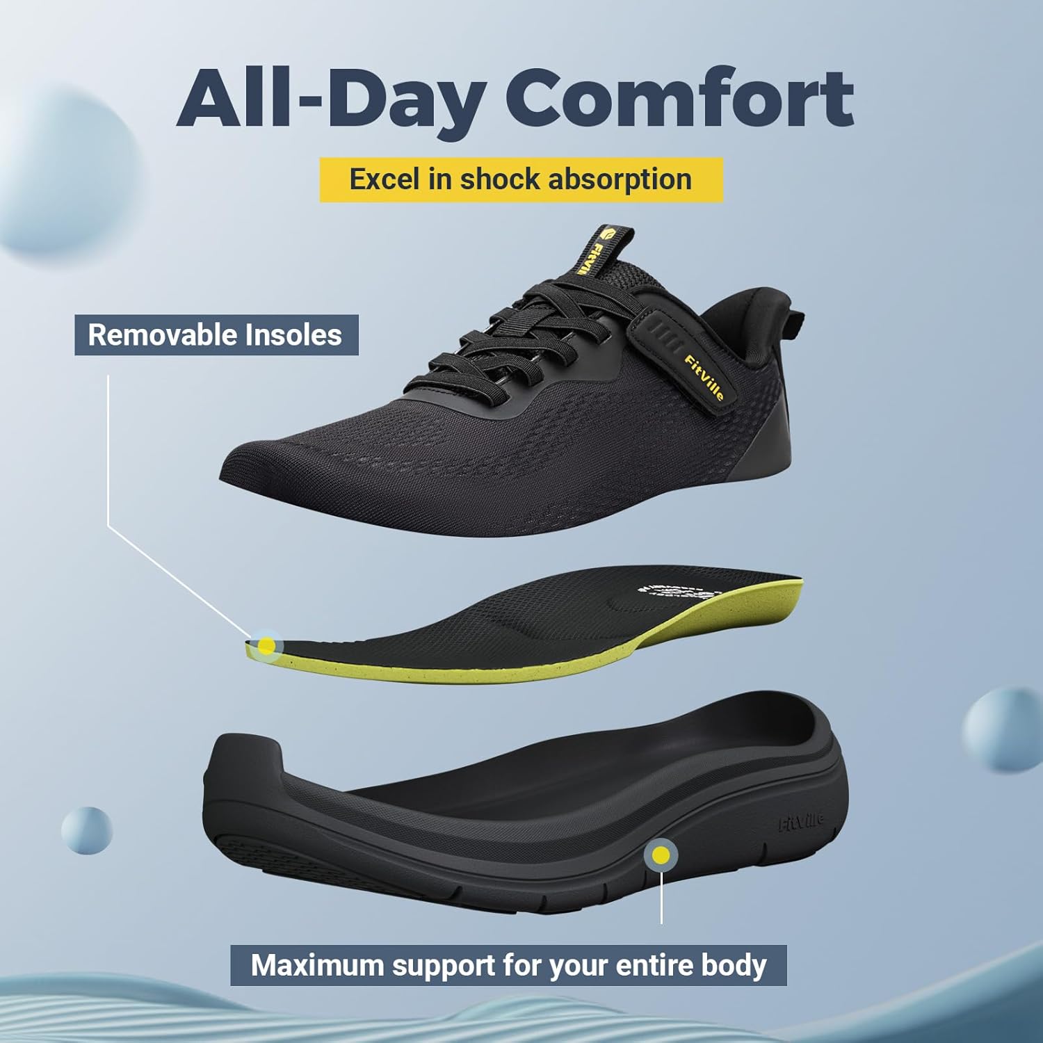 Кроссовки FitVille Wide Walking Shoes для мужчин, широкие, с поддержкой свода стопы, удобные, легкие беговые кроссовки для мужчин при плоскостопии и подошвенном фасциите - Cloud Wanderer V22, черный — фото 3