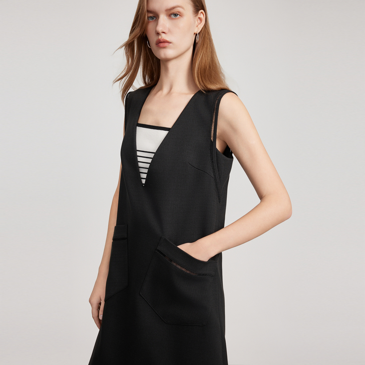 

ELLE Женское черное платье без рукавов с V-образным вырезом, средней длины